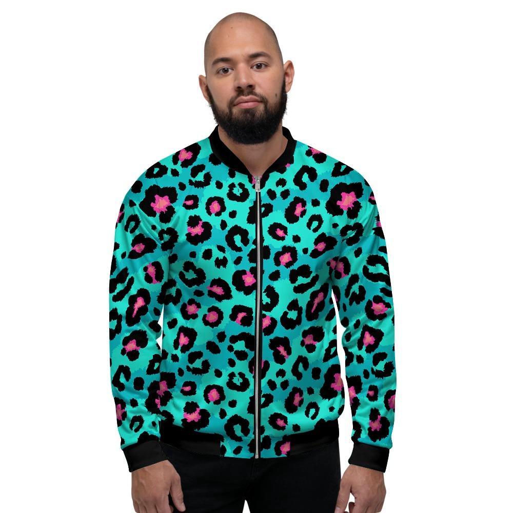 Leopard Teal Print Men's Bomber Jacket-grizzshop