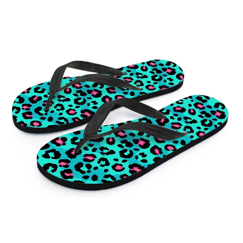 Leopard Teal Print Men's Flip Flops-grizzshop