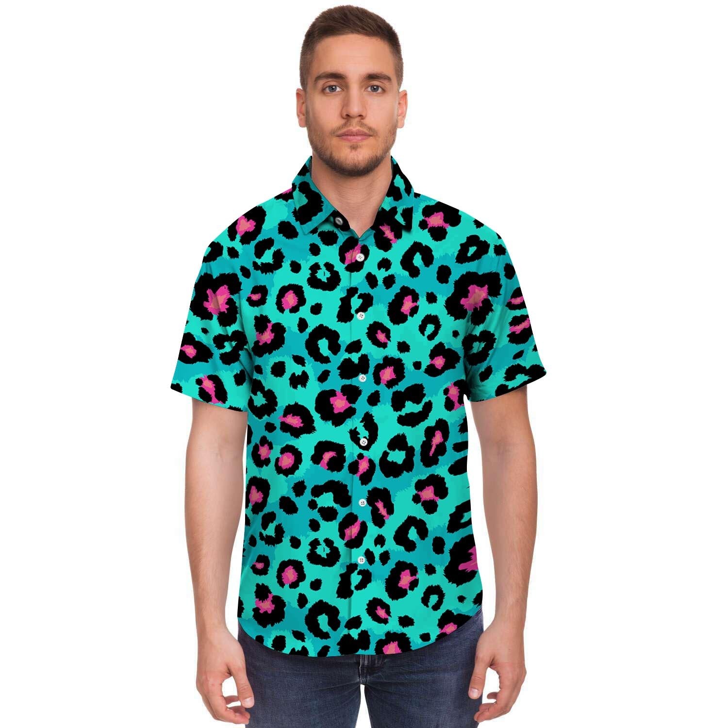 Leopard Teal Print Men's Short Sleeve Shirt-grizzshop