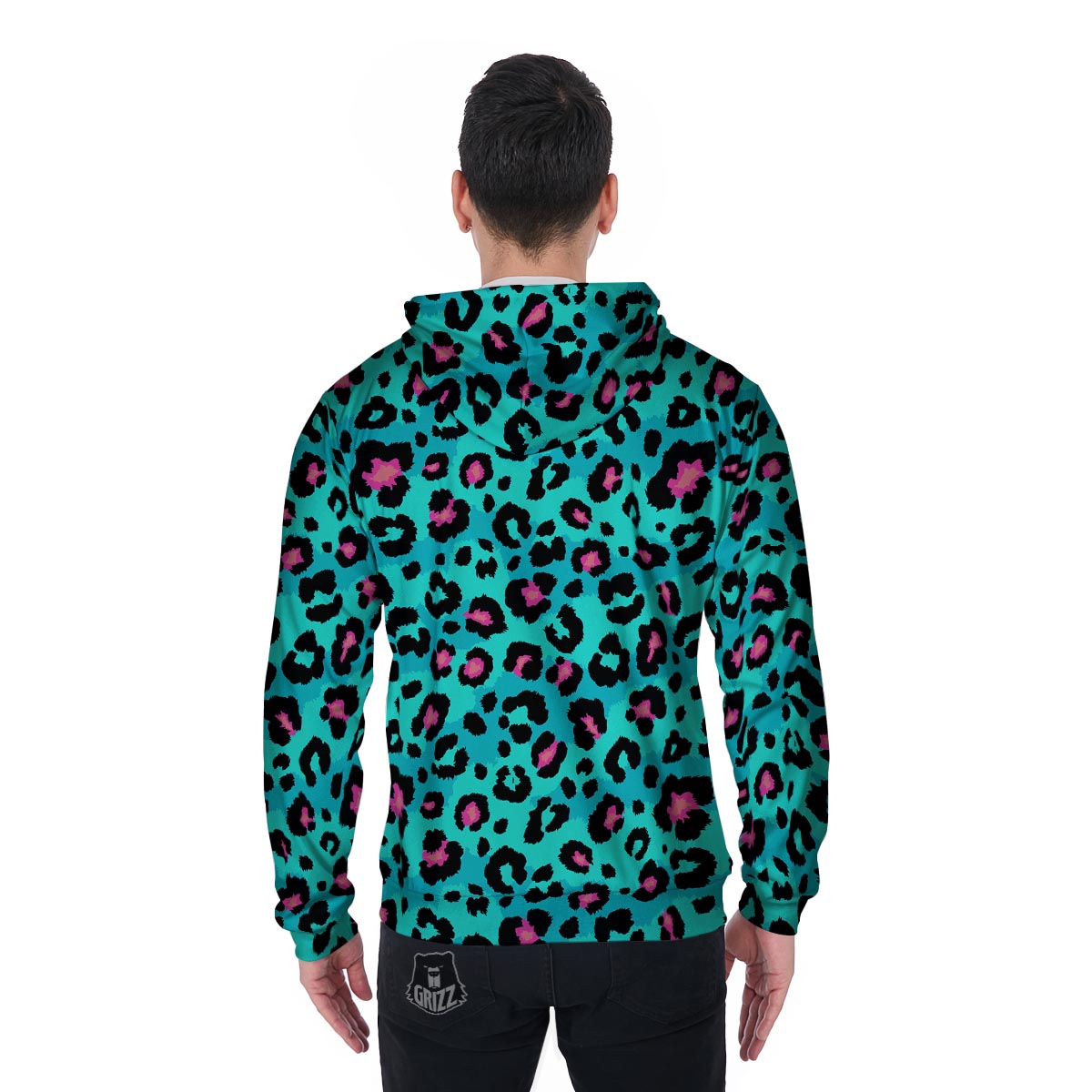 Leopard Teal Print Men's Zip Up Hoodie-grizzshop