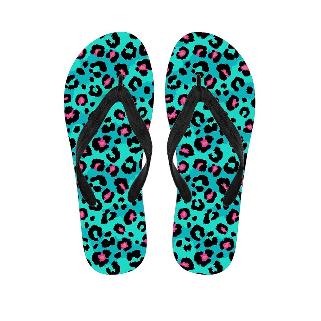 Leopard Teal Print Women's Flip Flops-grizzshop