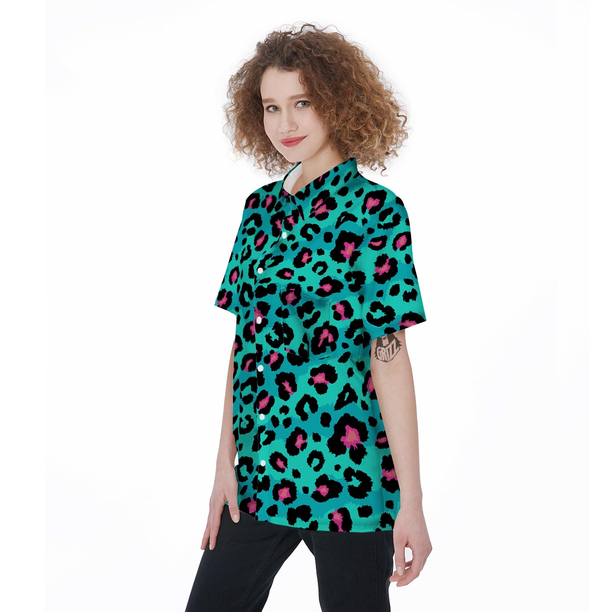 Leopard Teal Print Women's Short Sleeve Shirts-grizzshop