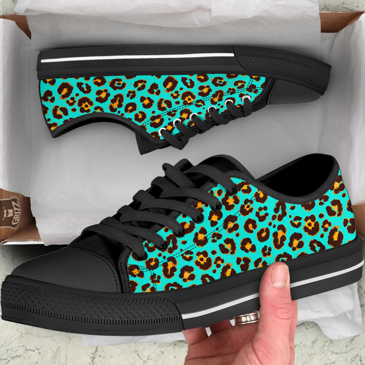Leopard Turquoise Print Pattern Black Low Top Shoes-grizzshop