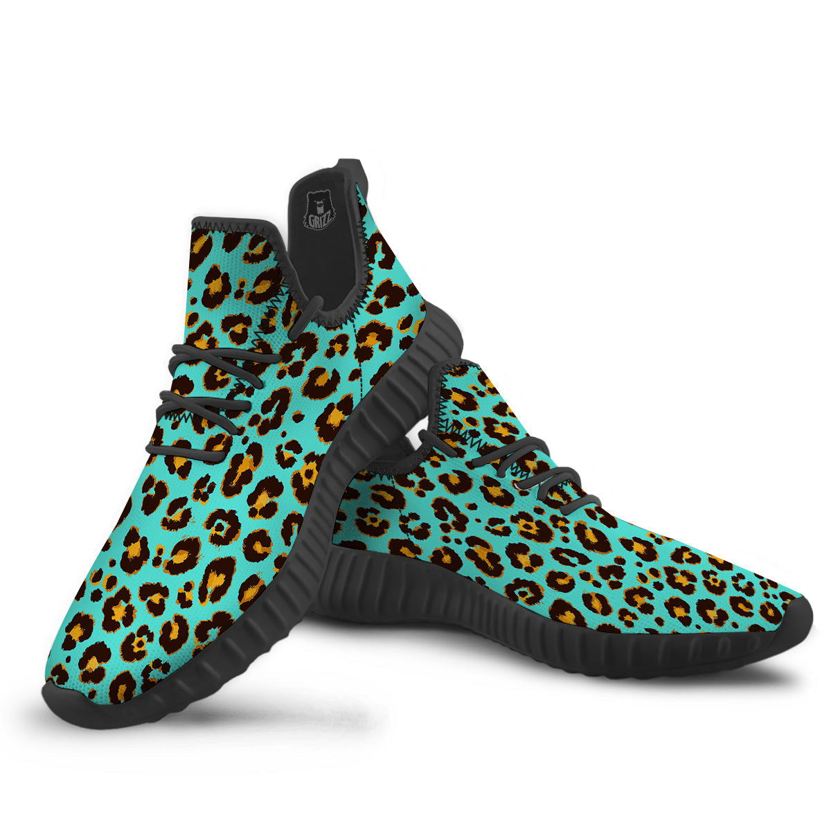 Leopard Turquoise Print Pattern Black Walking Shoes-grizzshop