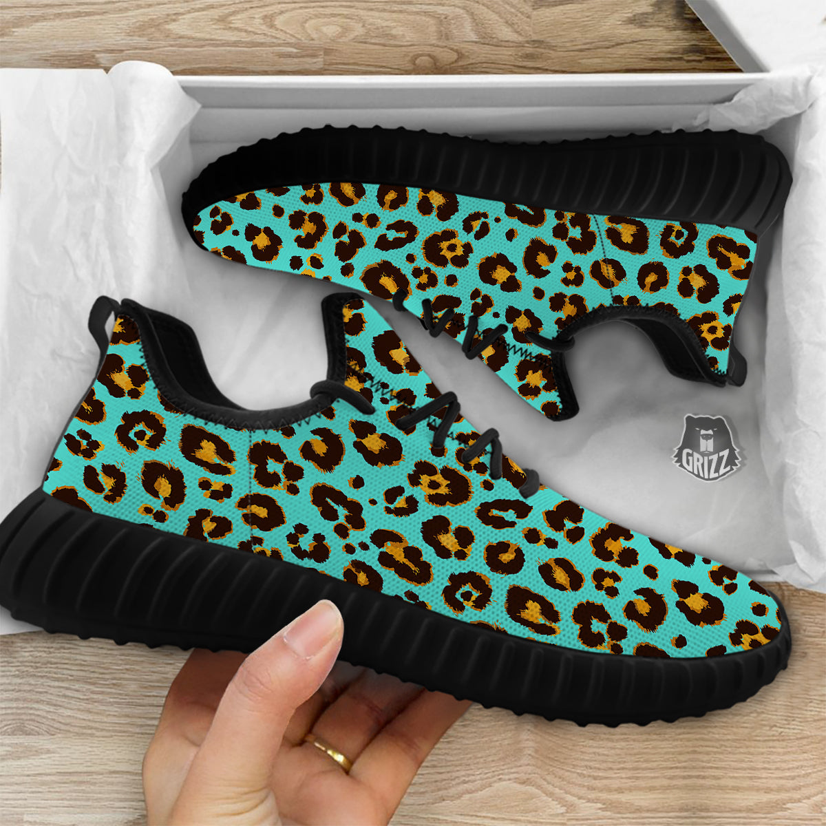 Leopard Turquoise Print Pattern Black Walking Shoes-grizzshop