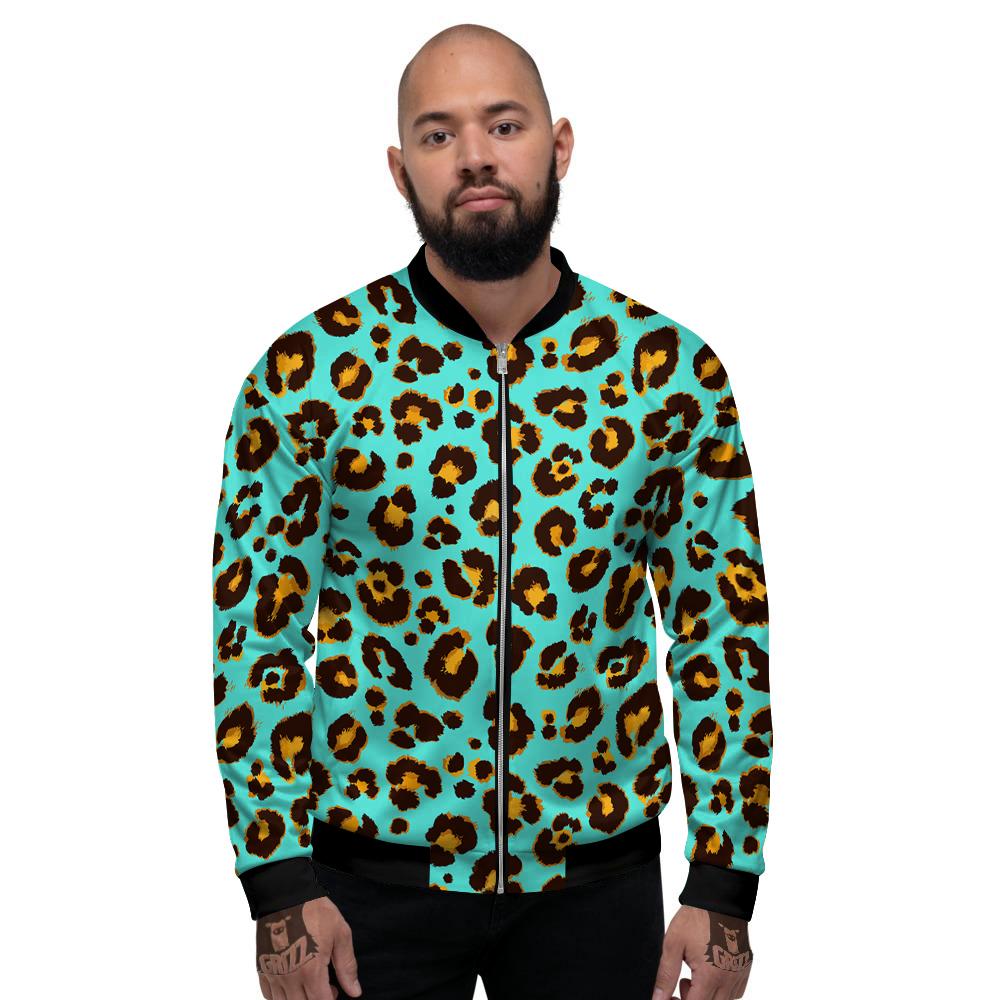 Leopard Turquoise Print Pattern Men's Bomber Jacket-grizzshop