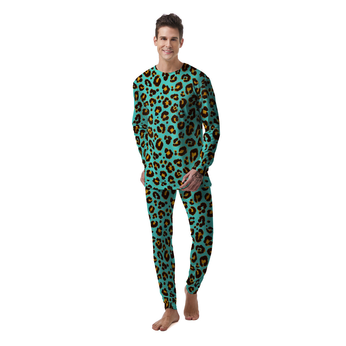 Leopard Turquoise Print Pattern Men's Pajamas-grizzshop