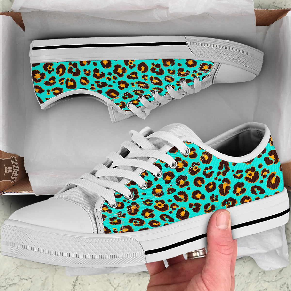 Leopard Turquoise Print Pattern White Low Top Shoes-grizzshop