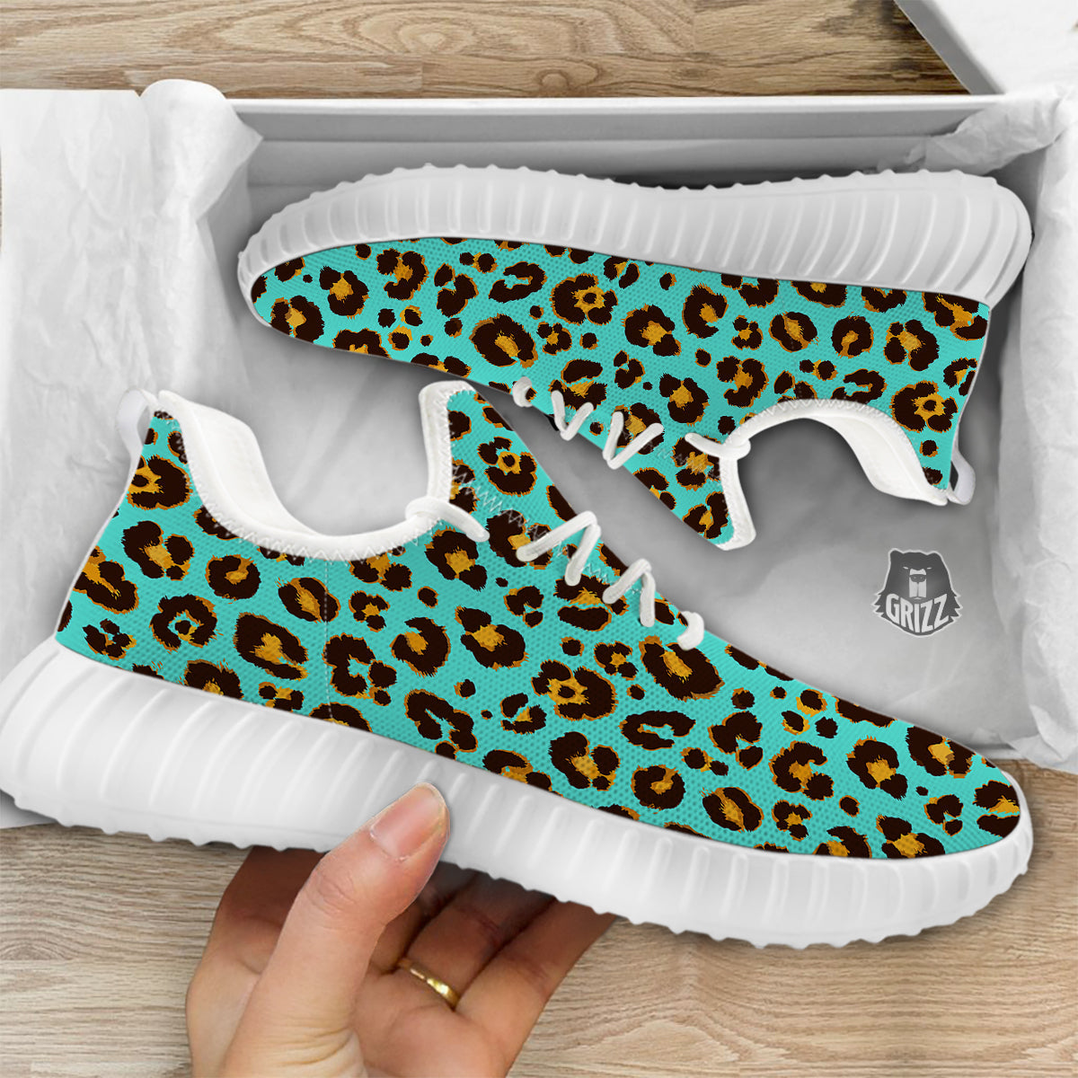 Leopard Turquoise Print Pattern White Walking Shoes-grizzshop