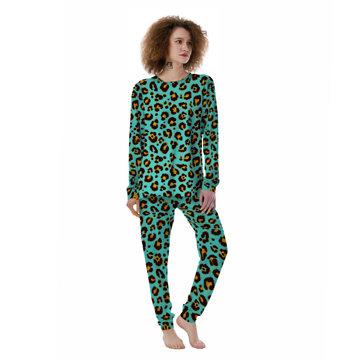 Leopard Turquoise Print Pattern Women's Pajamas-grizzshop