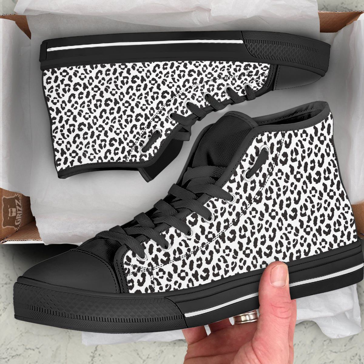 Leopard White Print Pattern Black High Top Shoes-grizzshop