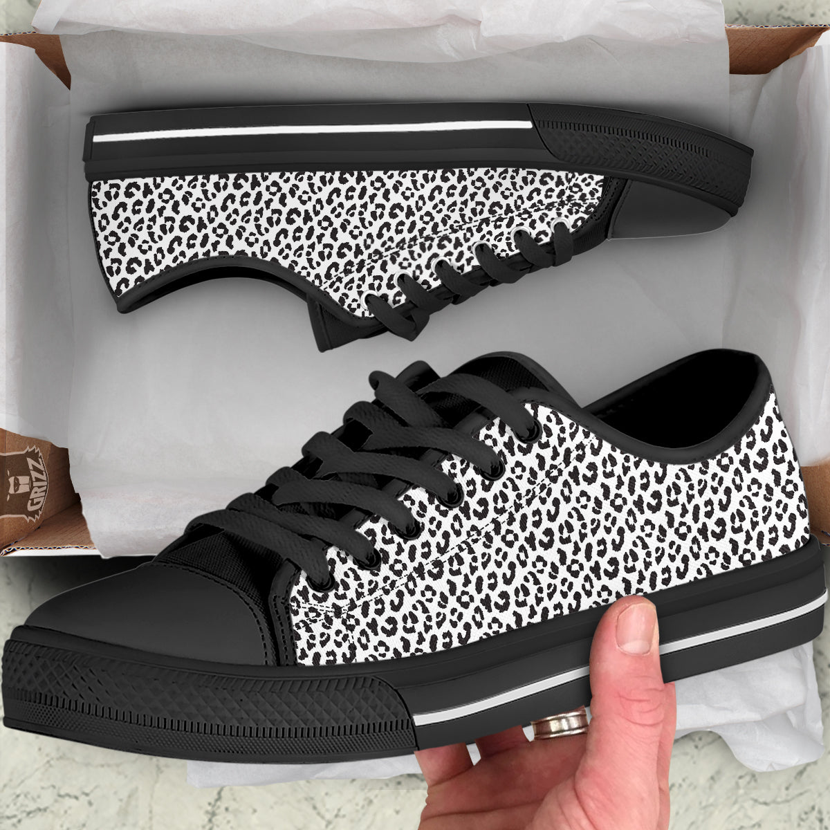 Leopard White Print Pattern Black Low Top Shoes-grizzshop