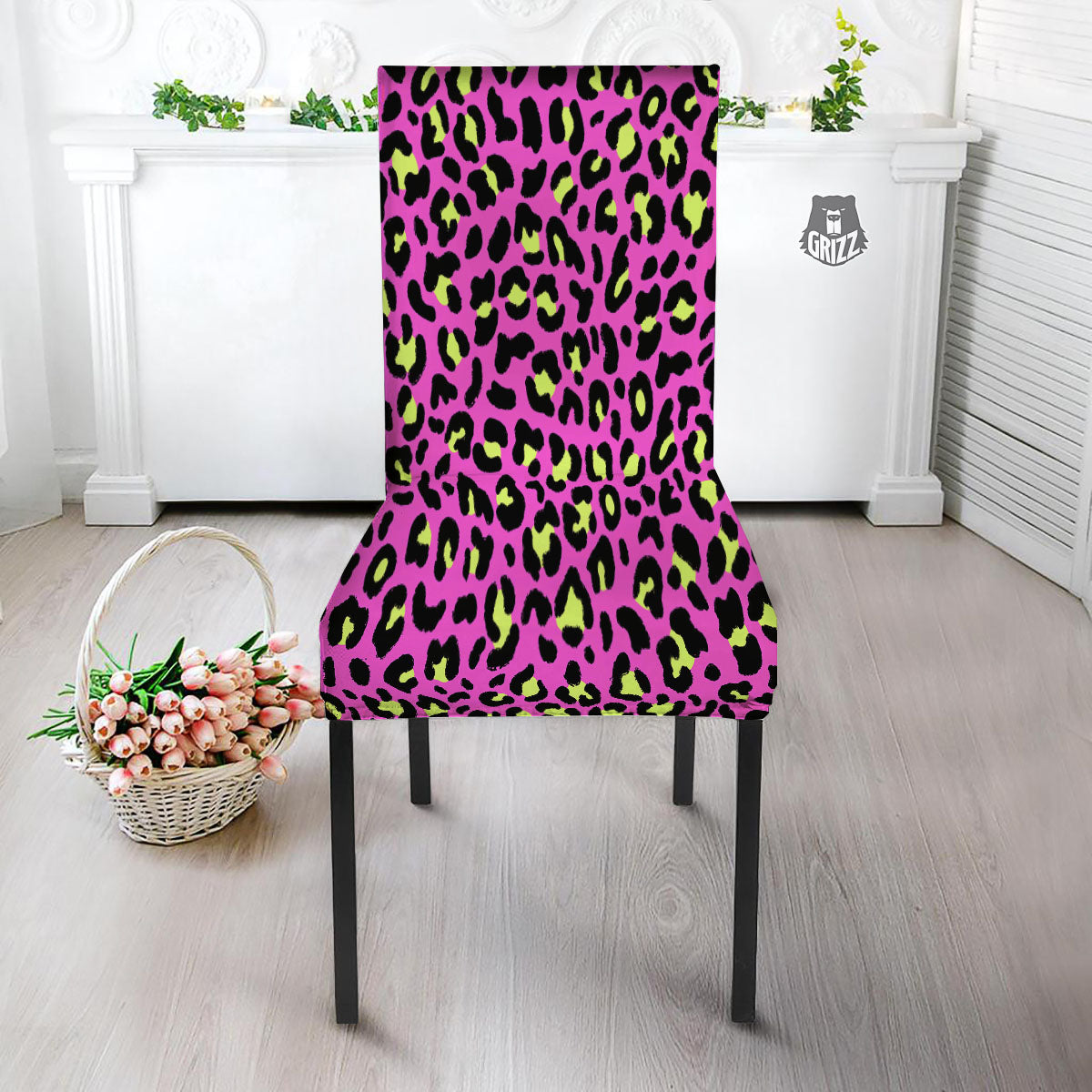 Leopard Yellow And Pink Print Dining Chair Slipcover-grizzshop