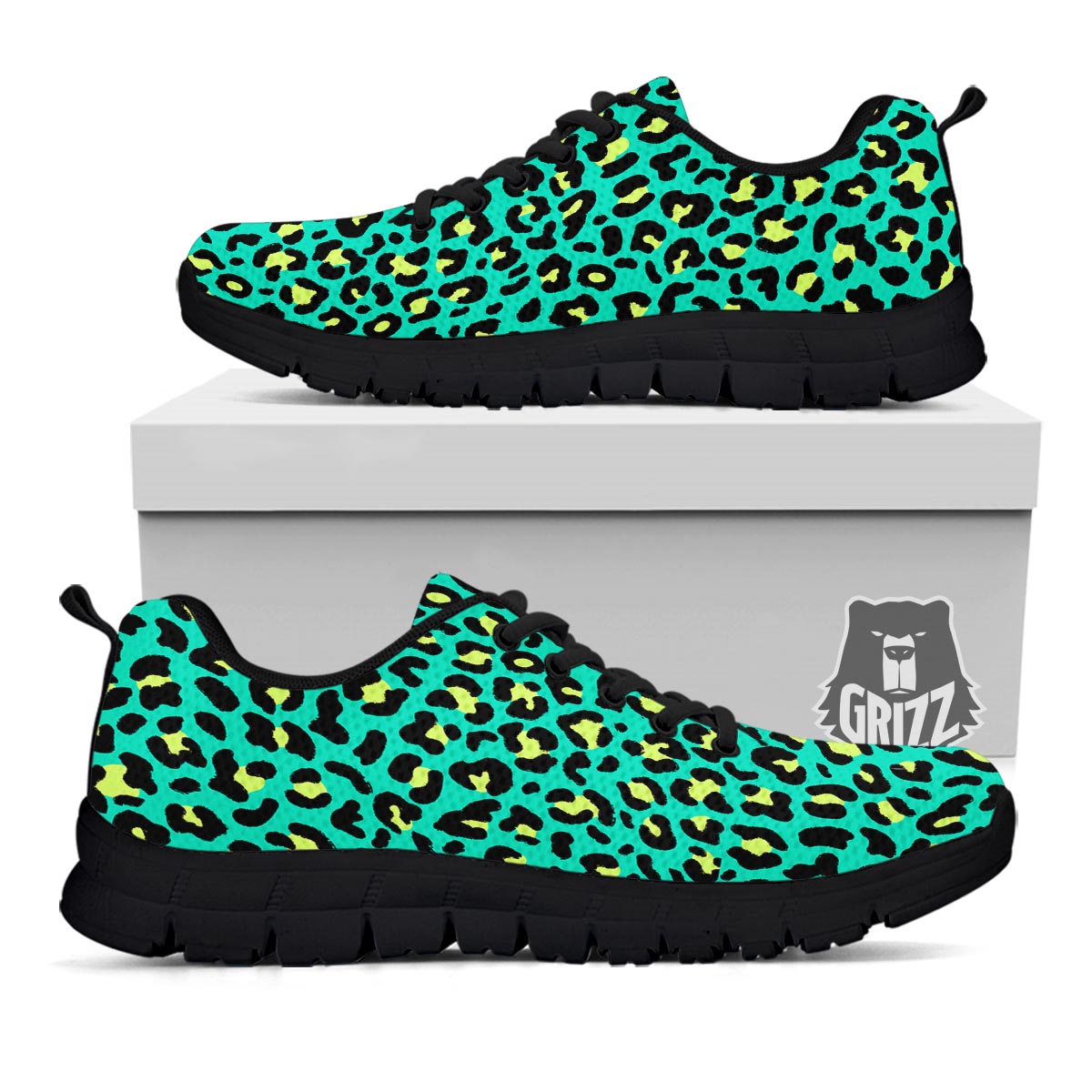 Leopard Yellow And Teal Print Pattern Black Sneaker-grizzshop