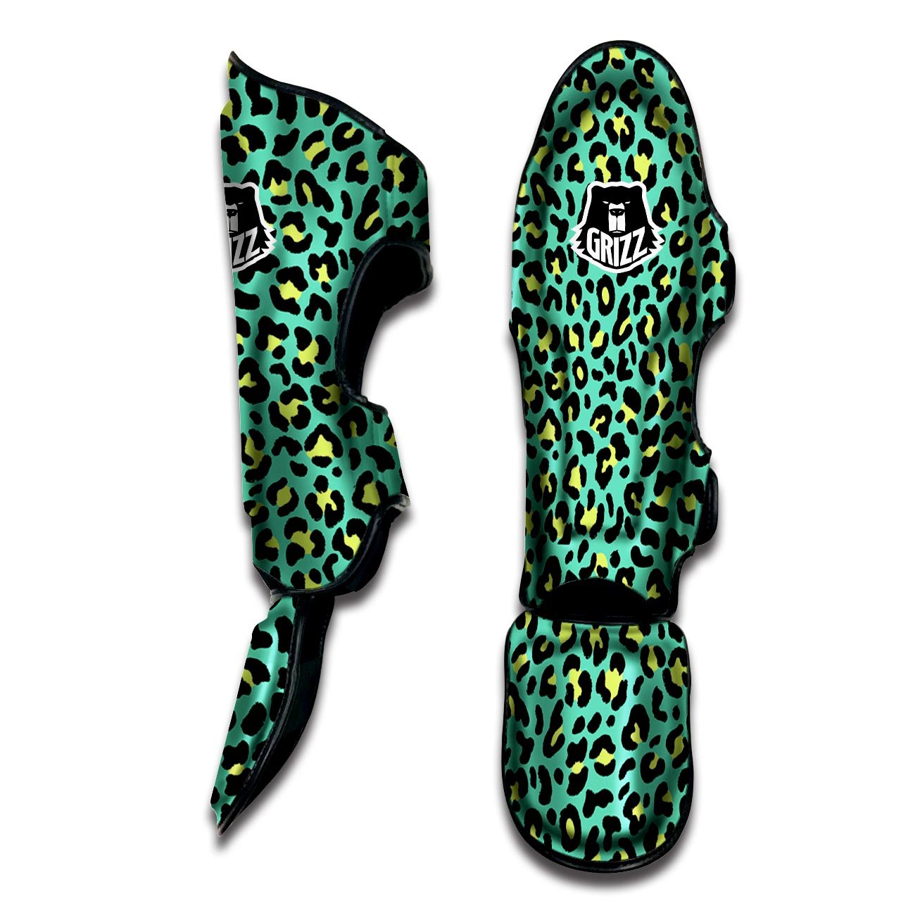 Leopard Yellow And Teal Print Pattern Muay Thai Shin Guards-grizzshop