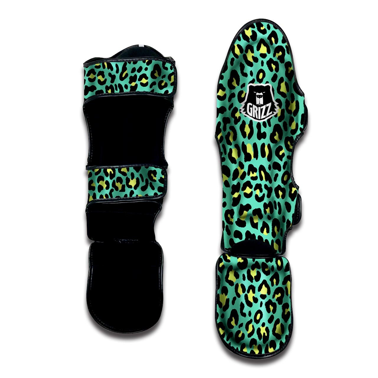 Leopard Yellow And Teal Print Pattern Muay Thai Shin Guards-grizzshop