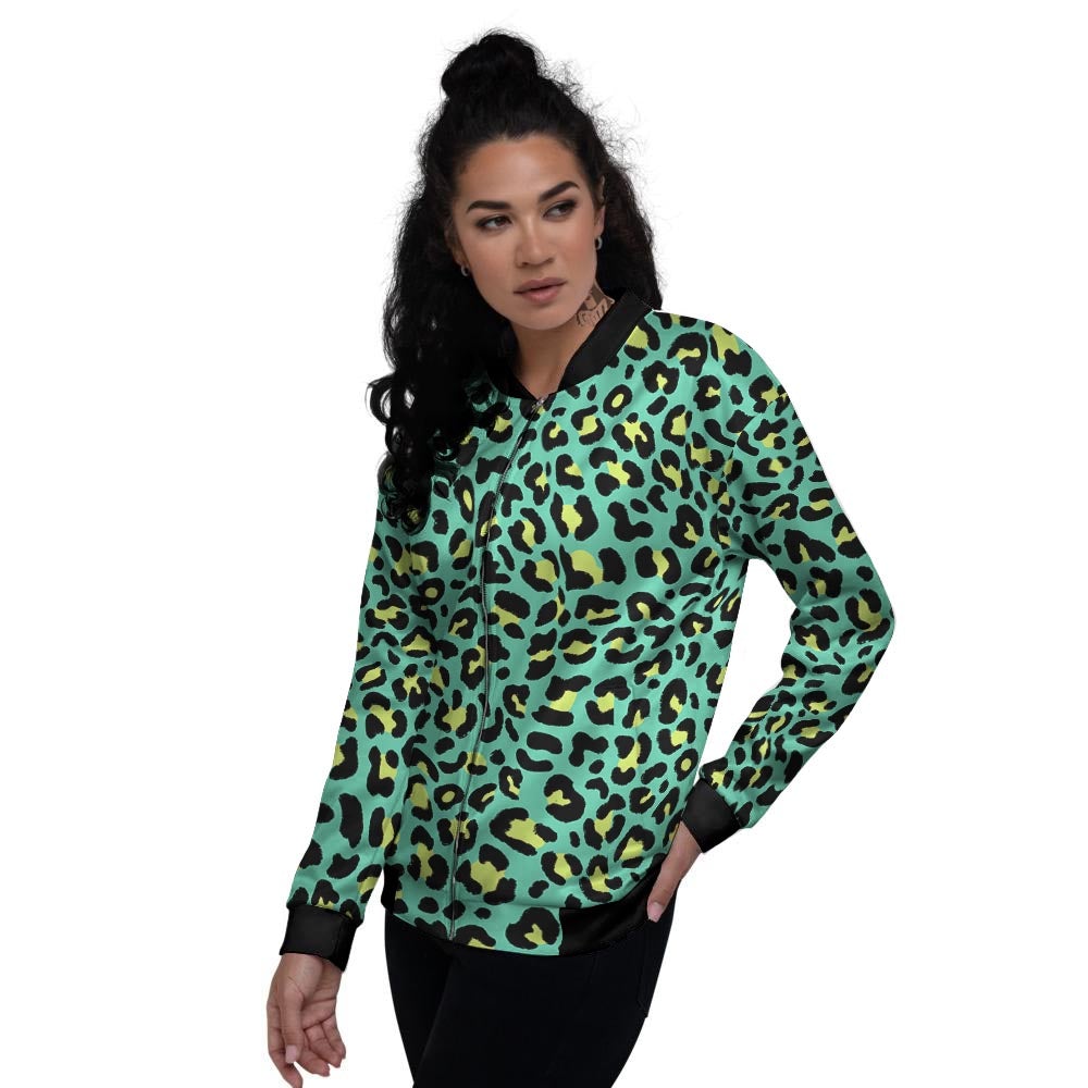 Leopard Yellow And Teal Print Pattern Women's Bomber Jacket-grizzshop