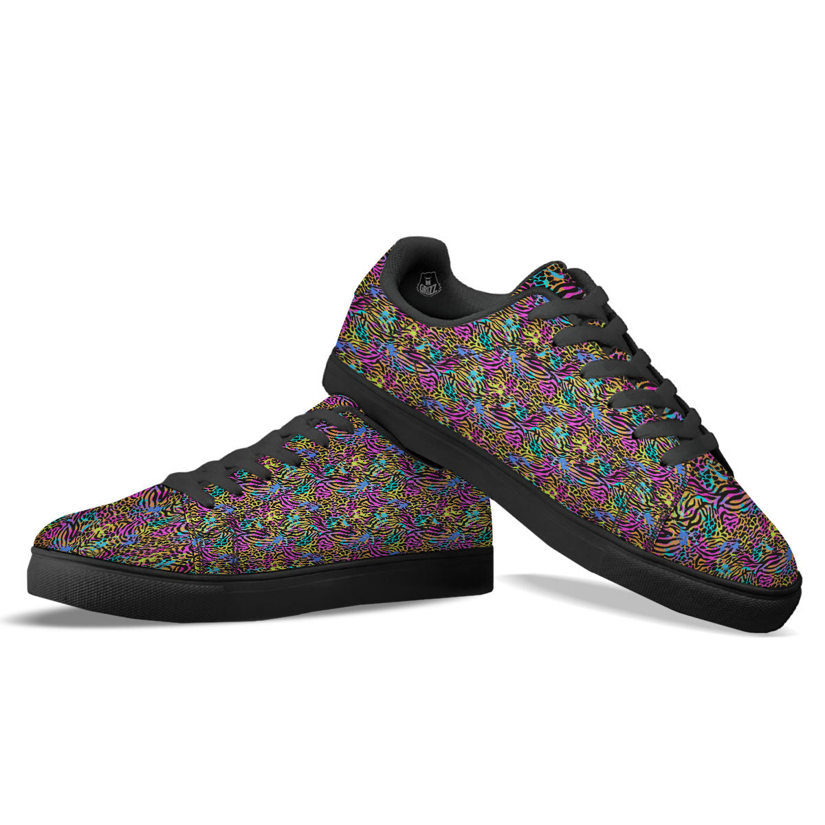 Leopard Zebra Colorful Print Pattern Black Low Top Sneakers-grizzshop