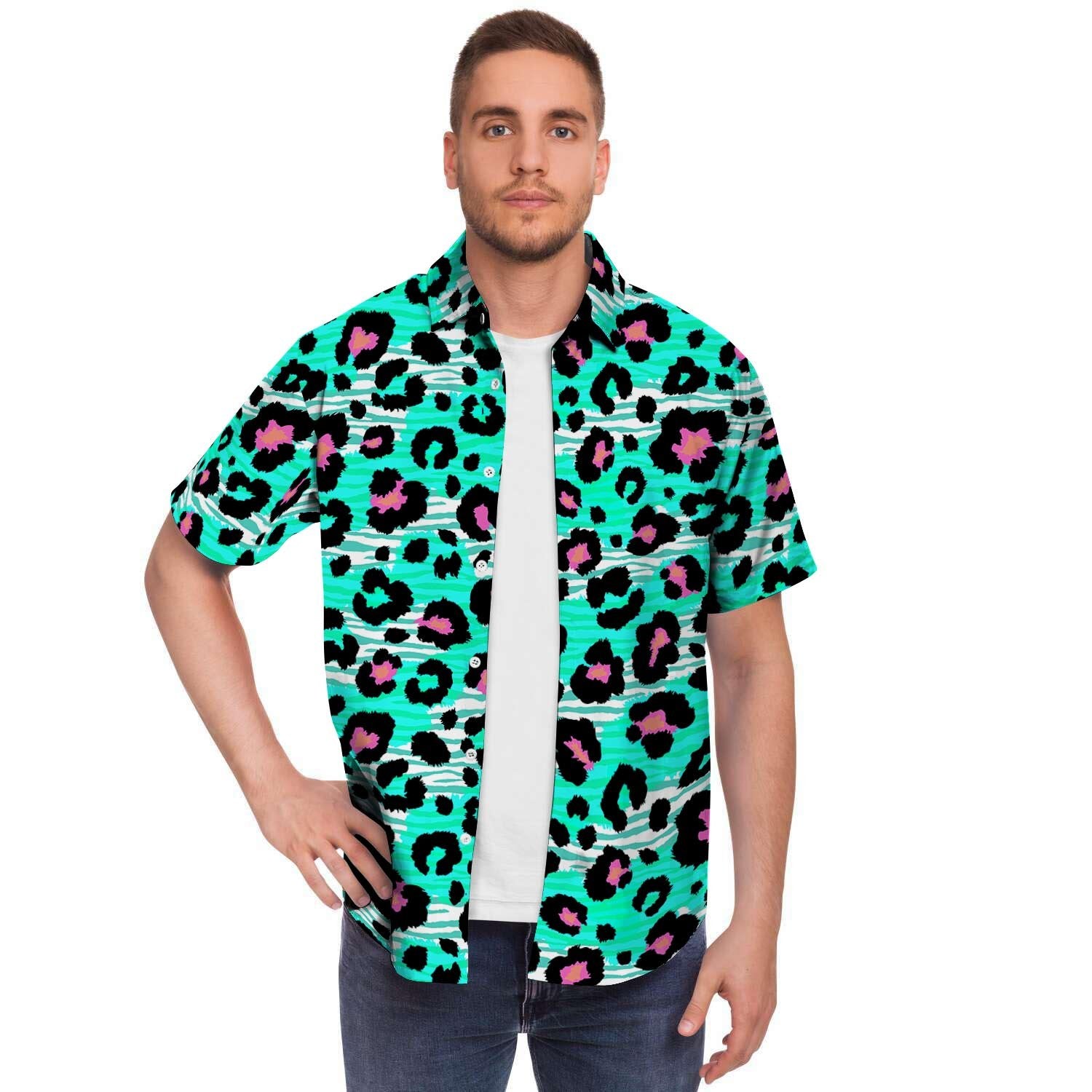 Leopard Zebra Print Men's Short Sleeve Shirt-grizzshop