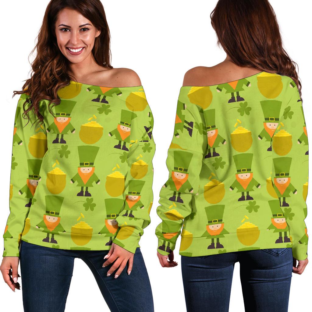 Leprechaun St Patrick's Day Print Pattern Women Off Shoulder Sweatshirt-grizzshop