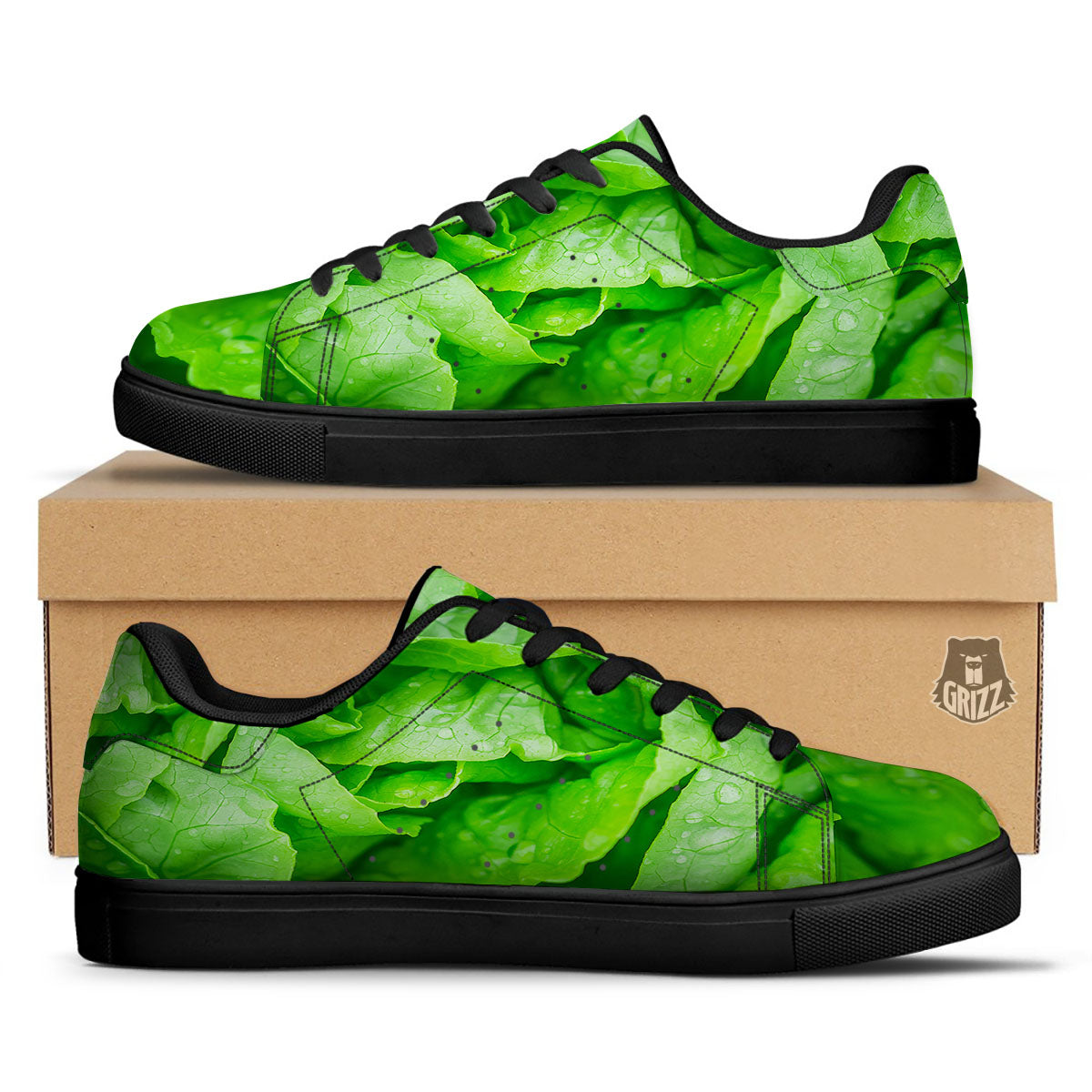 Lettuce Fresh Leaves Print Black Low Top Sneakers-grizzshop