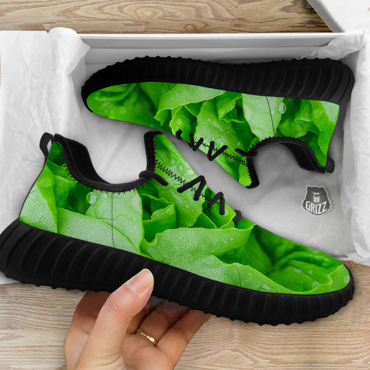 Lettuce Fresh Leaves Print Black Walking Shoes-grizzshop