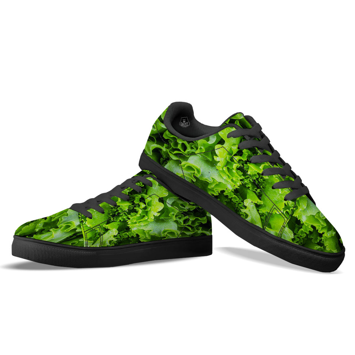 Lettuce Green Leaves Print Black Low Top Sneakers-grizzshop