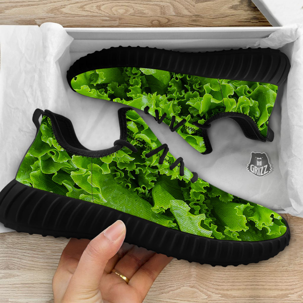 Lettuce Green Leaves Print Black Walking Shoes-grizzshop