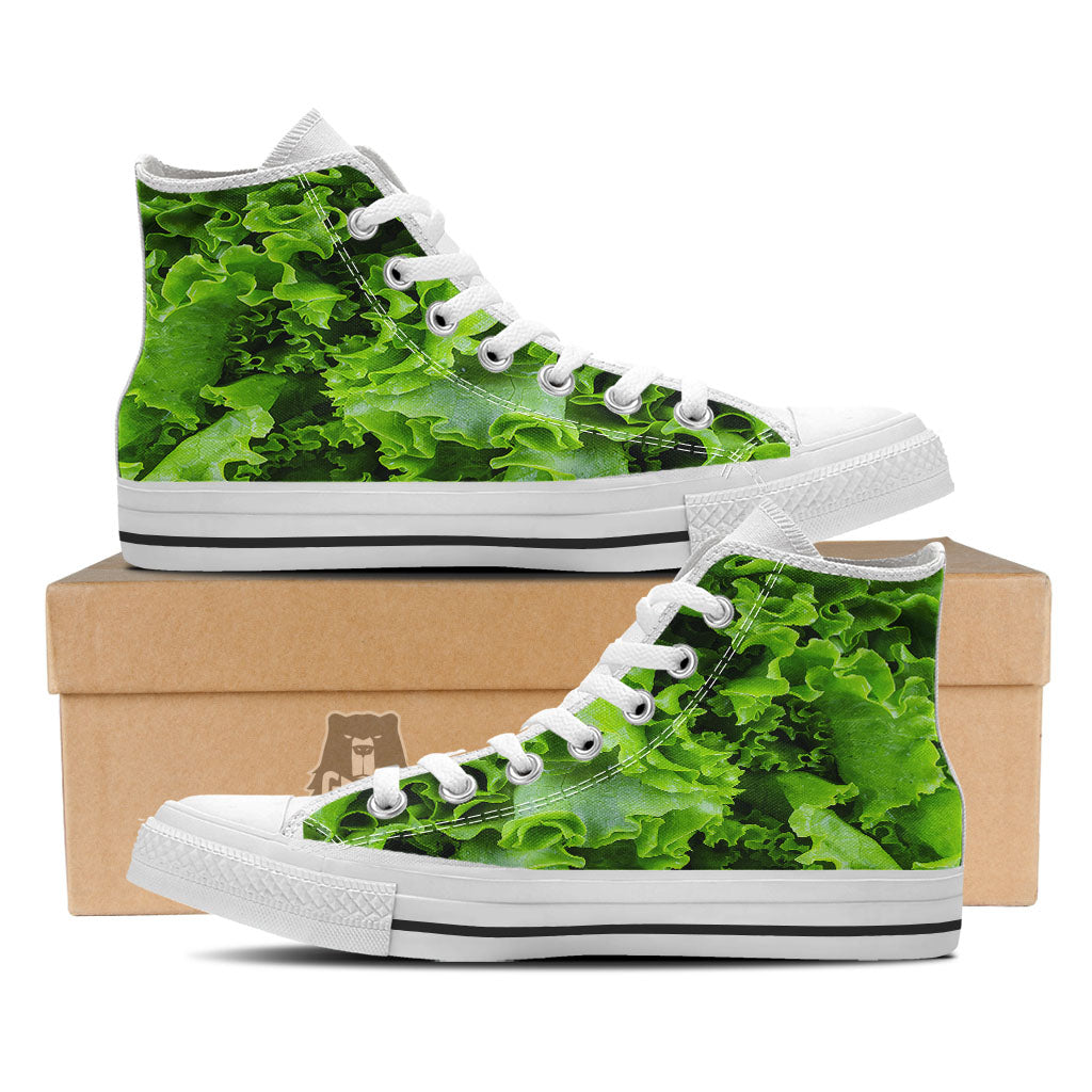 Lettuce Green Leaves Print White High Top Shoes-grizzshop