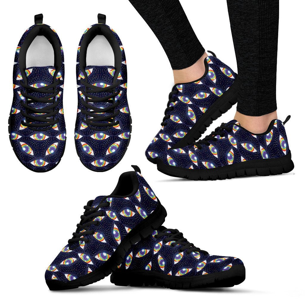 Lgbt Pride Rainbow Eye Pattern Print Black Sneaker Shoes For Men Women-grizzshop