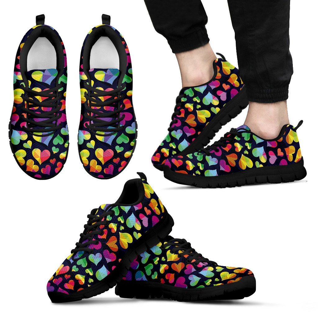 Lgbt Pride Rainbow Heart Pattern Print Black Sneaker Shoes For Men Women-grizzshop