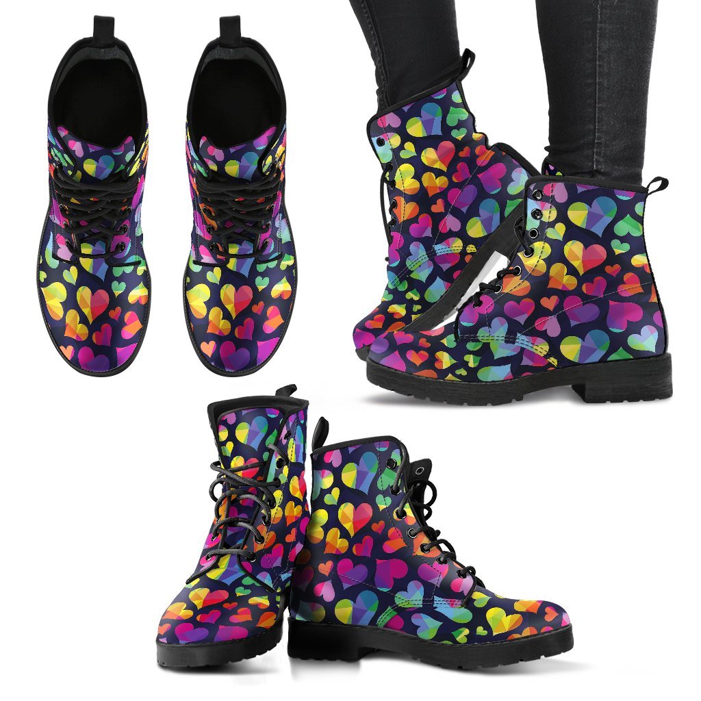 Lgbt Pride Rainbow Heart Pattern Print Men Women Leather Boots-grizzshop