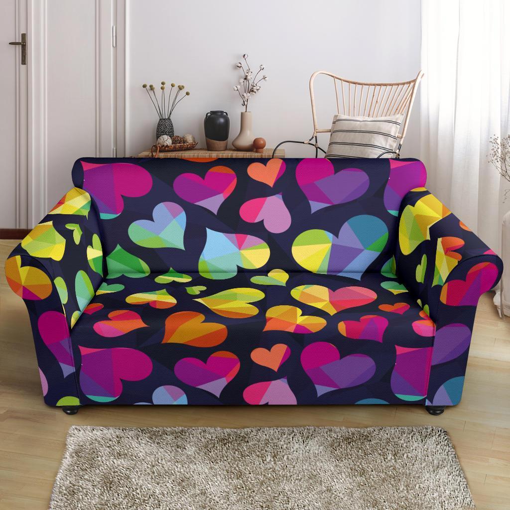 Lgbt Rainbow Heart Patterm Print Loveseat Cover-grizzshop