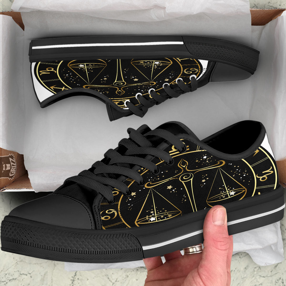 Libra Sign Black And Gold Print Black Low Top Shoes-grizzshop