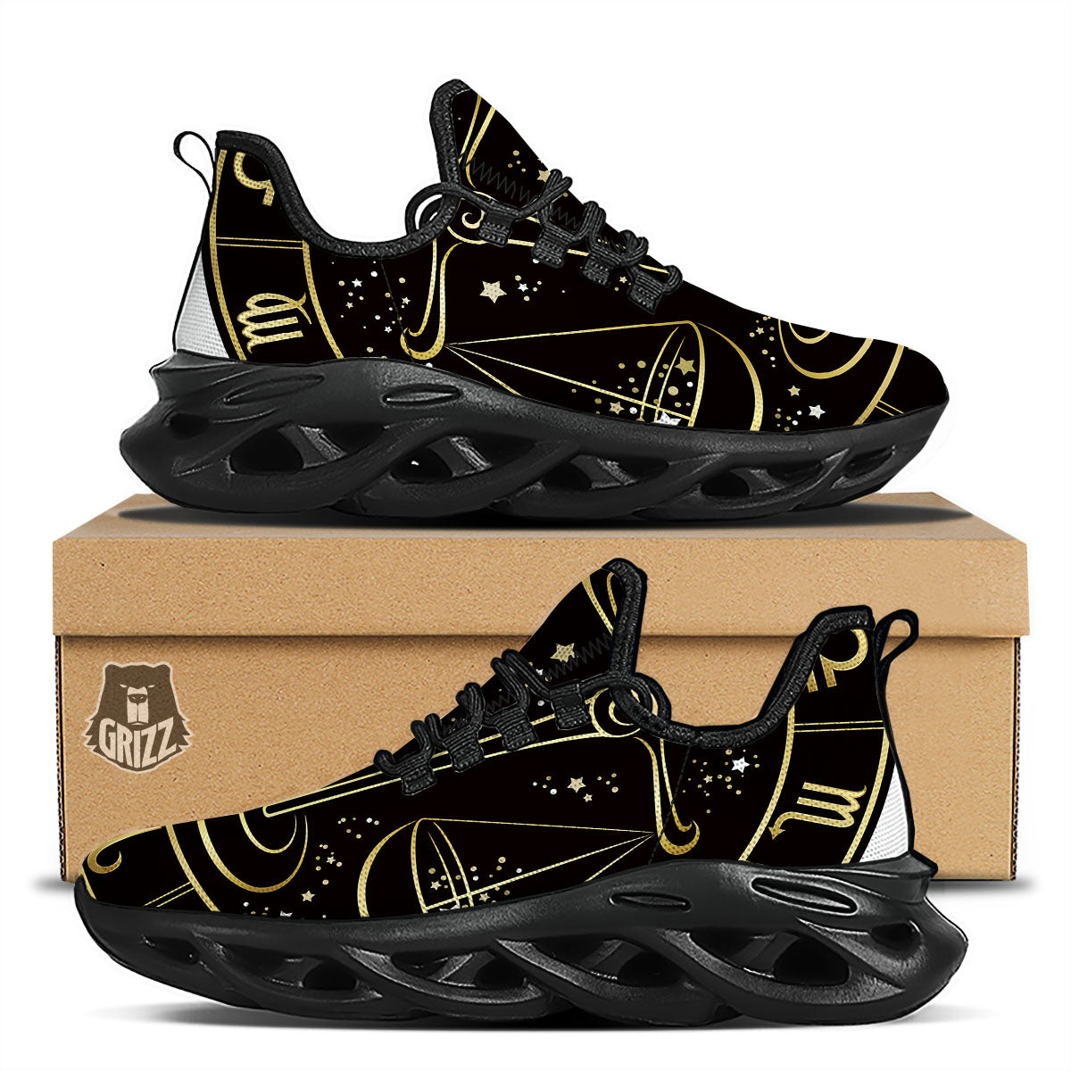 Libra Sign Black And Gold Print Black Running Shoes-grizzshop