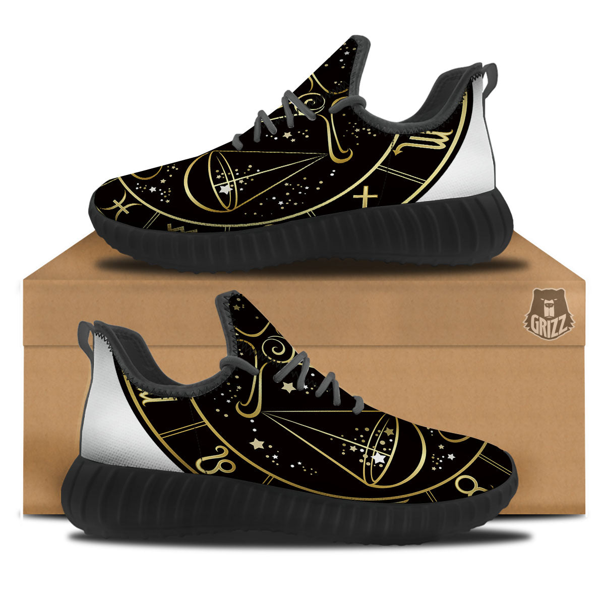 Libra Sign Black And Gold Print Black Walking Shoes-grizzshop