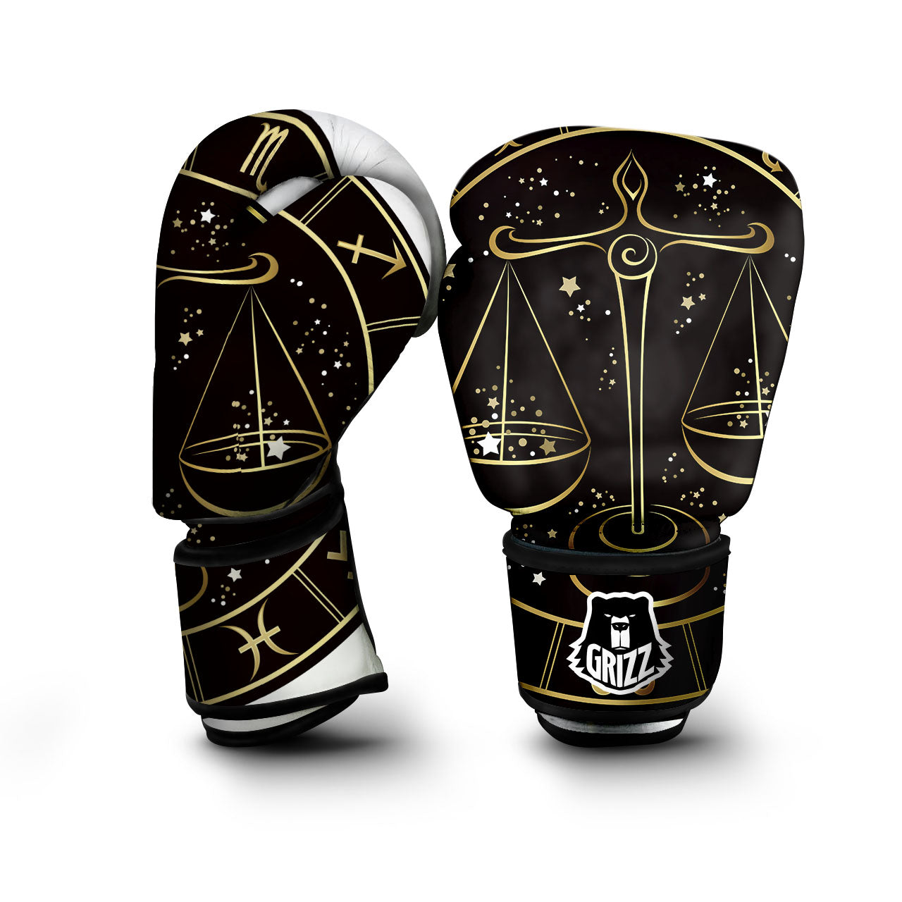 Libra Sign Black And Gold Print Boxing Gloves-grizzshop