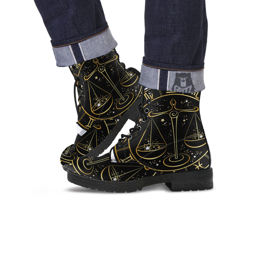 Libra Sign Black And Gold Print Leather Boots-grizzshop