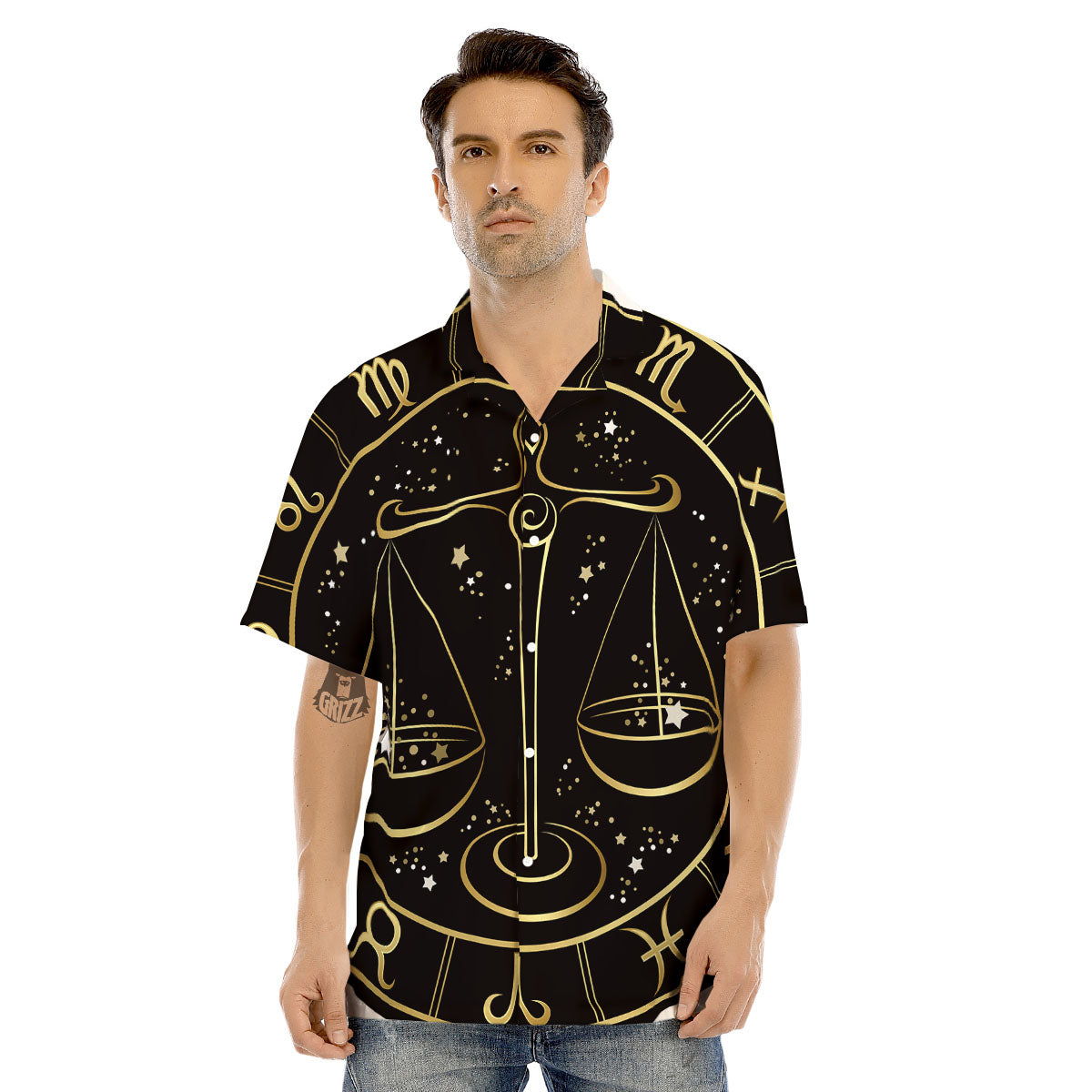 Libra Sign Black And Gold Print Men's Hawaiian Shirt-grizzshop