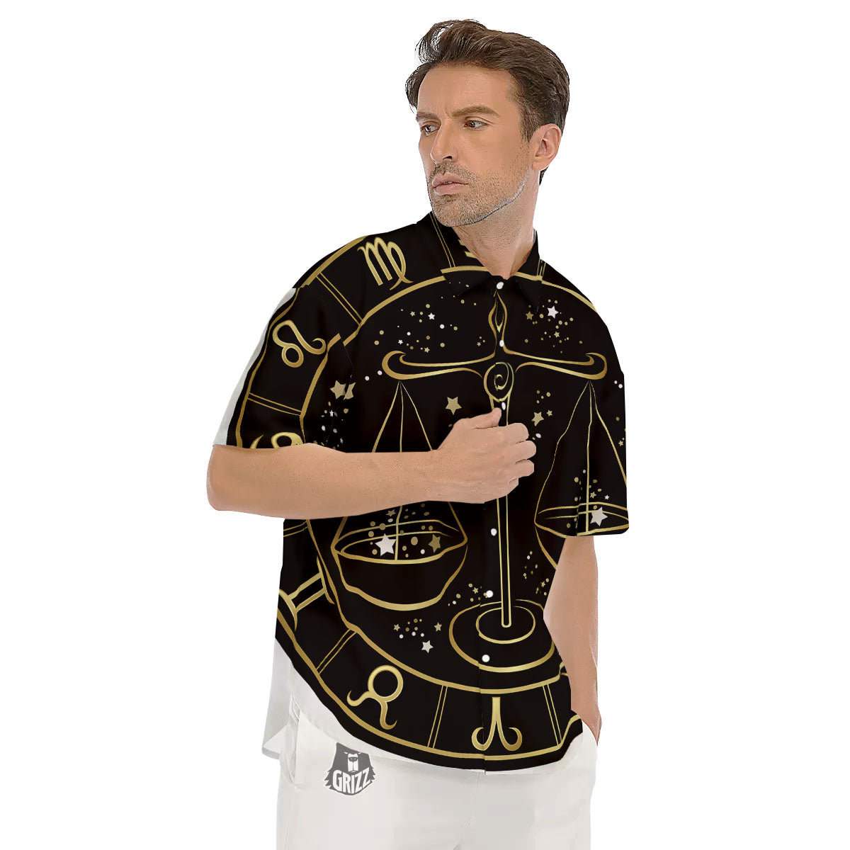 Libra Sign Black And Gold Print Men's Short Sleeve Shirts-grizzshop