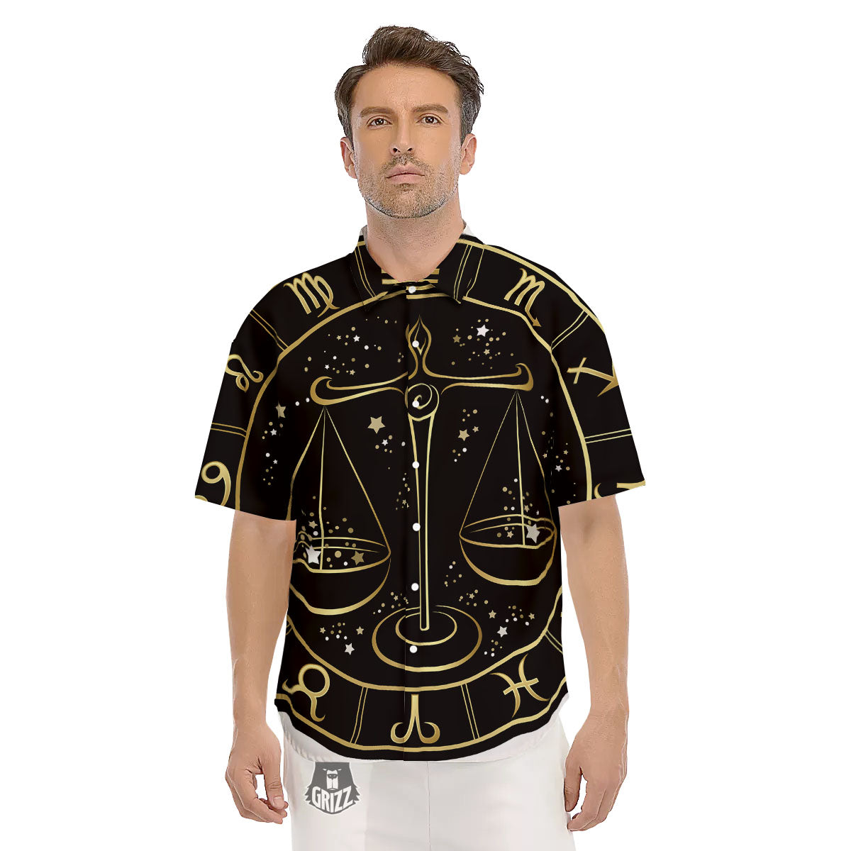 Libra Sign Black And Gold Print Men's Short Sleeve Shirts-grizzshop