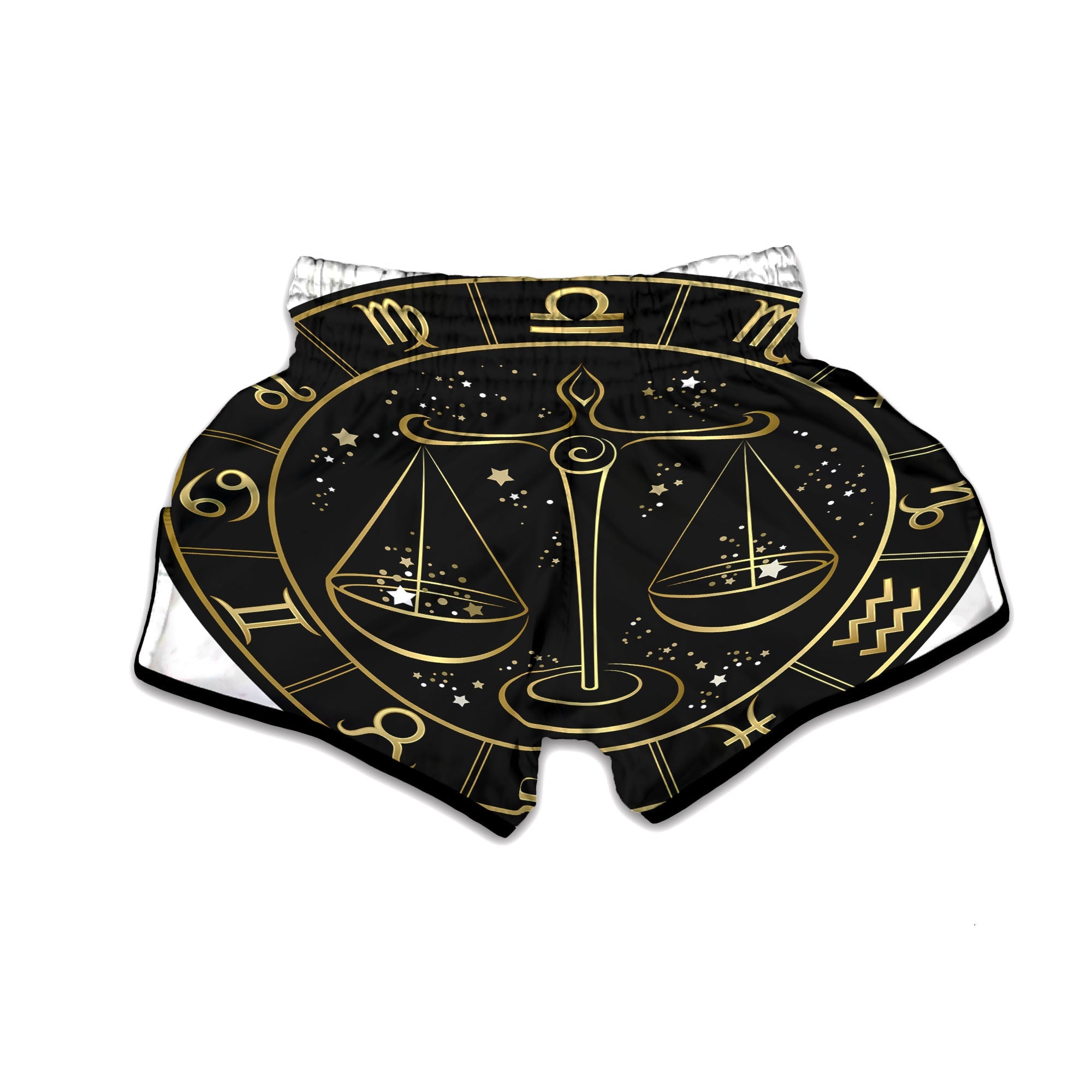Libra Sign Black And Gold Print Muay Thai Boxing Shorts-grizzshop