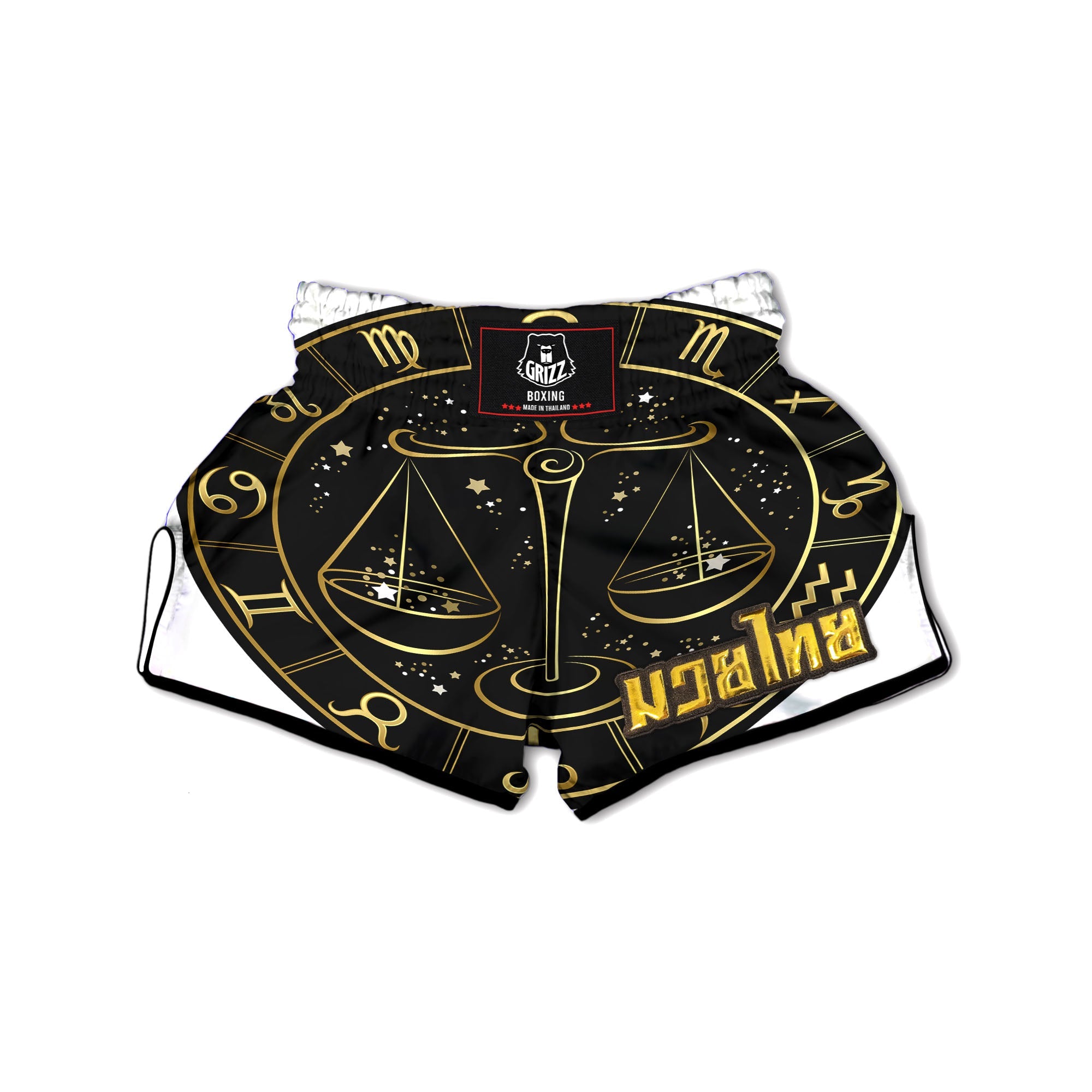 Libra Sign Black And Gold Print Muay Thai Boxing Shorts-grizzshop