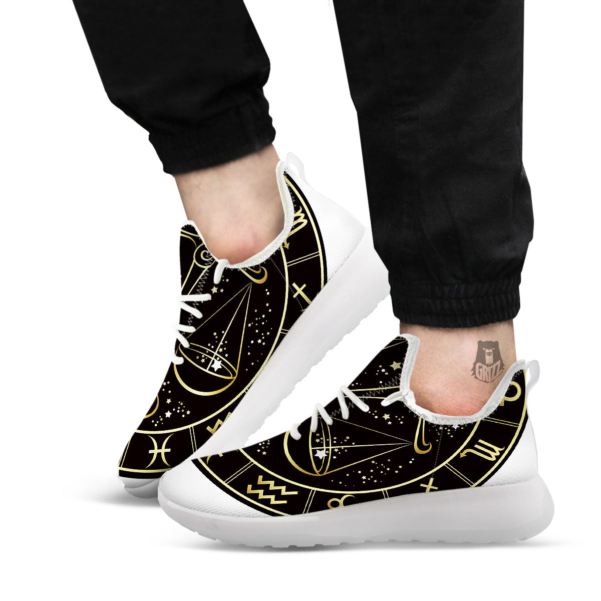 Libra Sign Black And Gold Print White Athletic Shoes-grizzshop