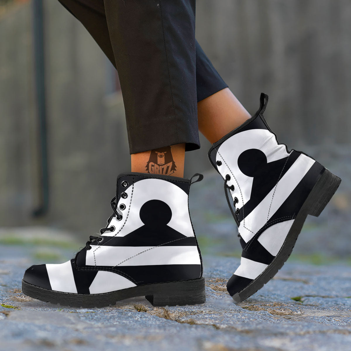 Libra Sign White And Black Print Leather Boots-grizzshop