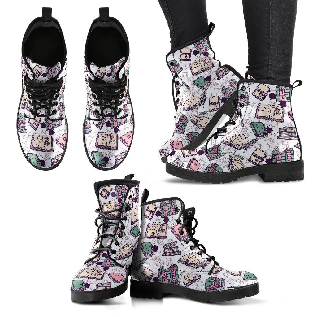 Library Librarian Book Lover Pattern Print Men Women Leather Boots-grizzshop