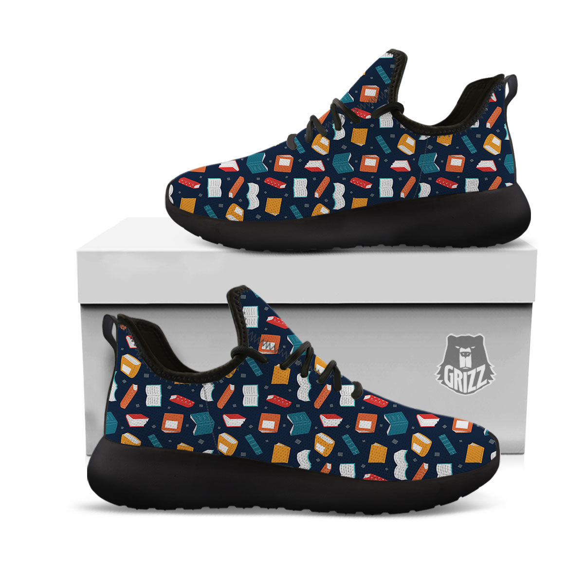 Library Reading Print Pattern Black Athletic Shoes-grizzshop