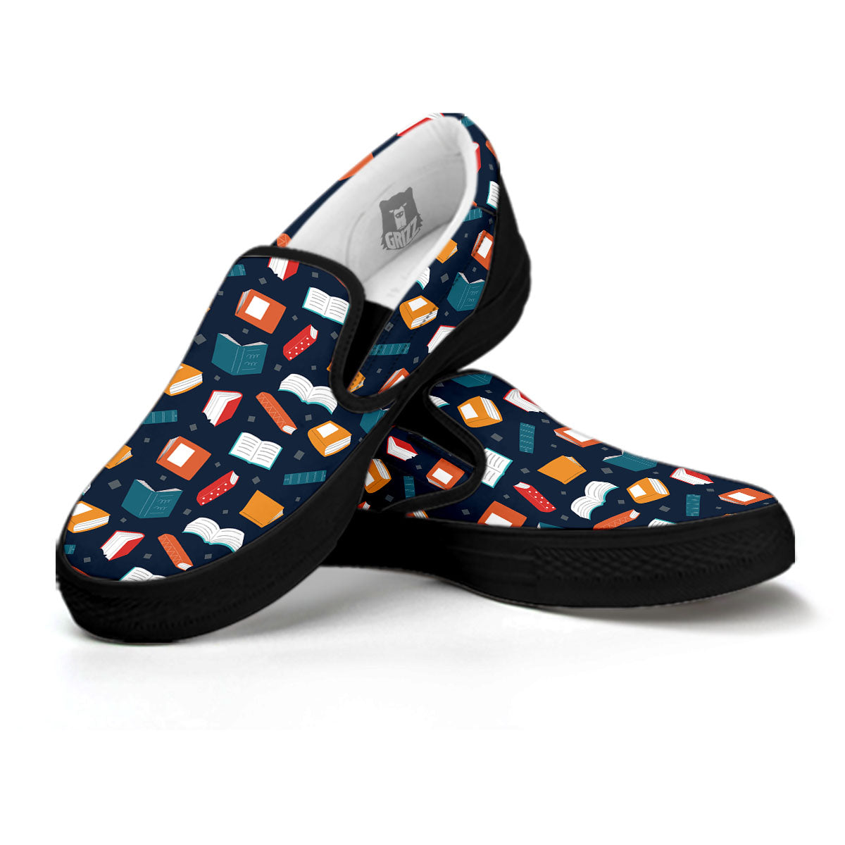 Library Reading Print Pattern Black Slip On Shoes-grizzshop