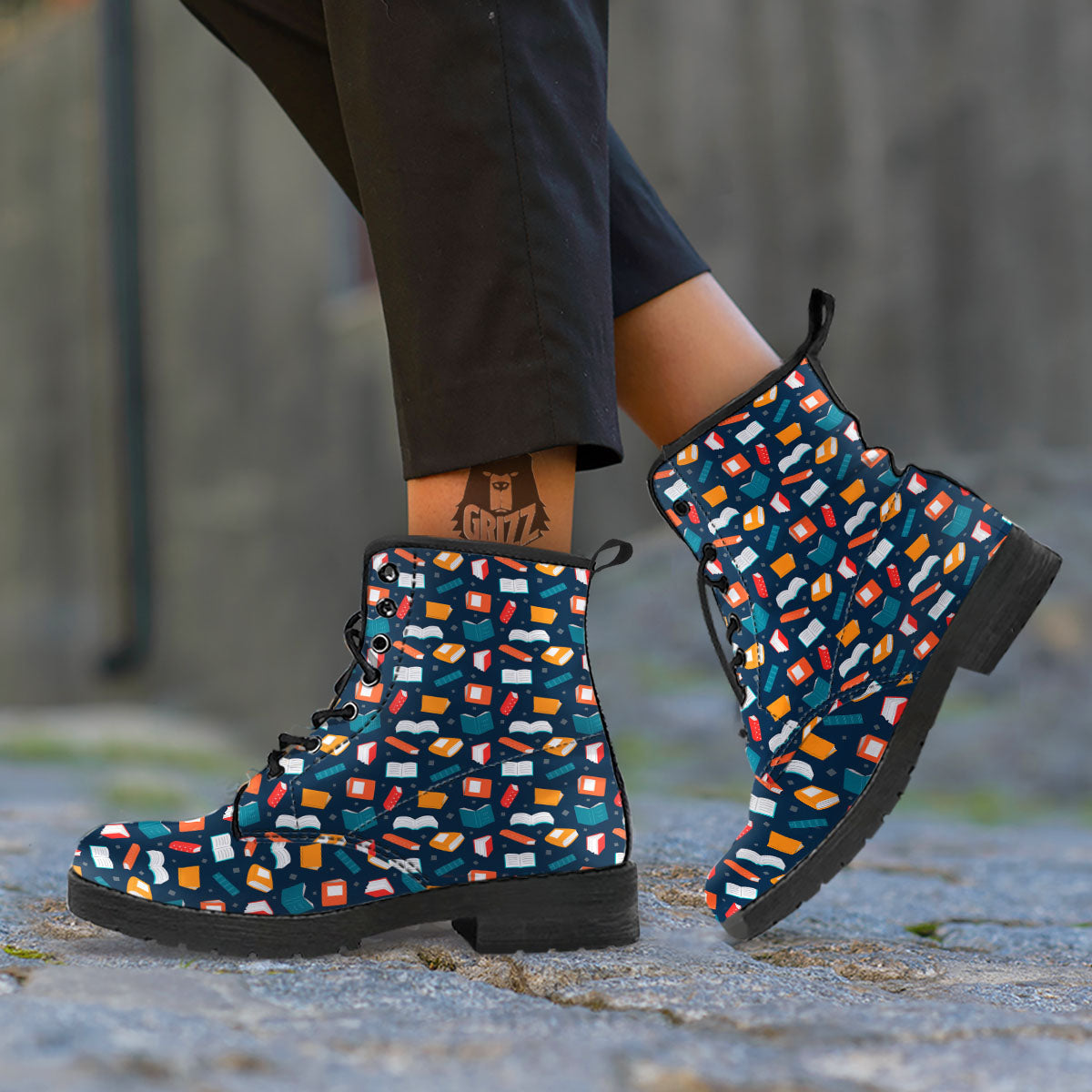 Library Reading Print Pattern Leather Boots-grizzshop