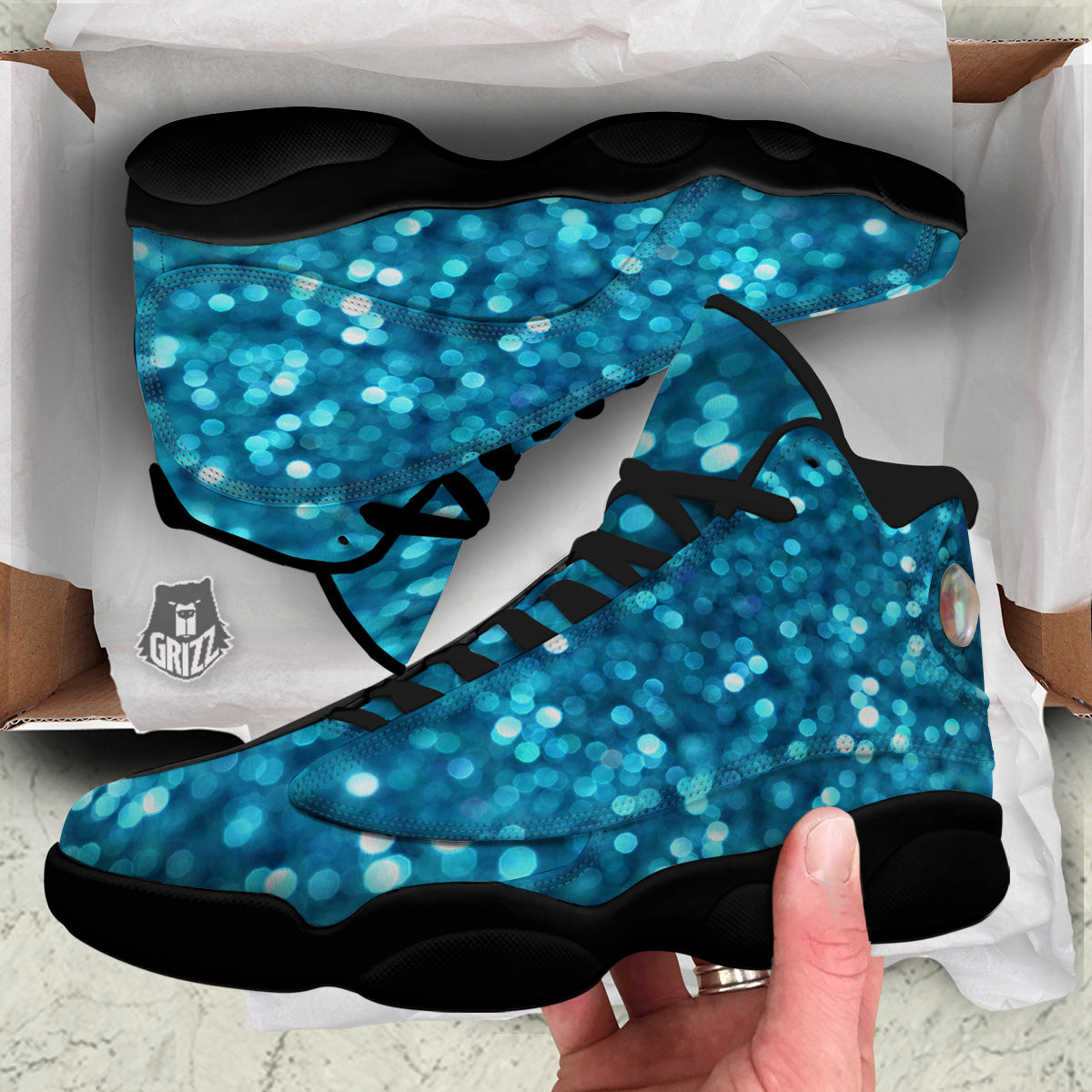 Light Blue Sparkle Print Black Basketball Shoes-grizzshop